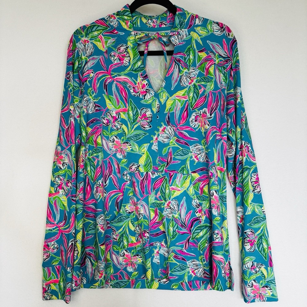 Lilly Pulitzer Pullover Tunic Top Neck Tie Pocket Long Sleeve V Neck Multicolor